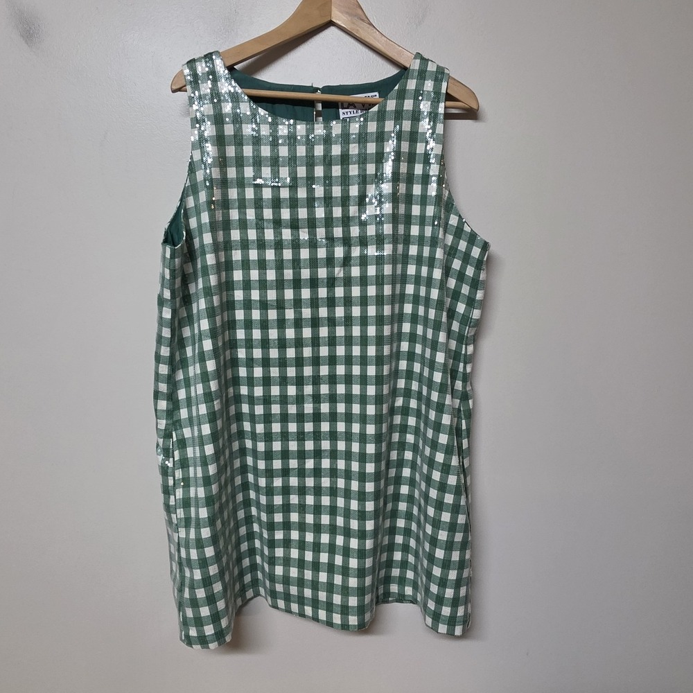 La Vie Style House Green Gingham Sequin Mini Dress One Size Sleeveless Pockets